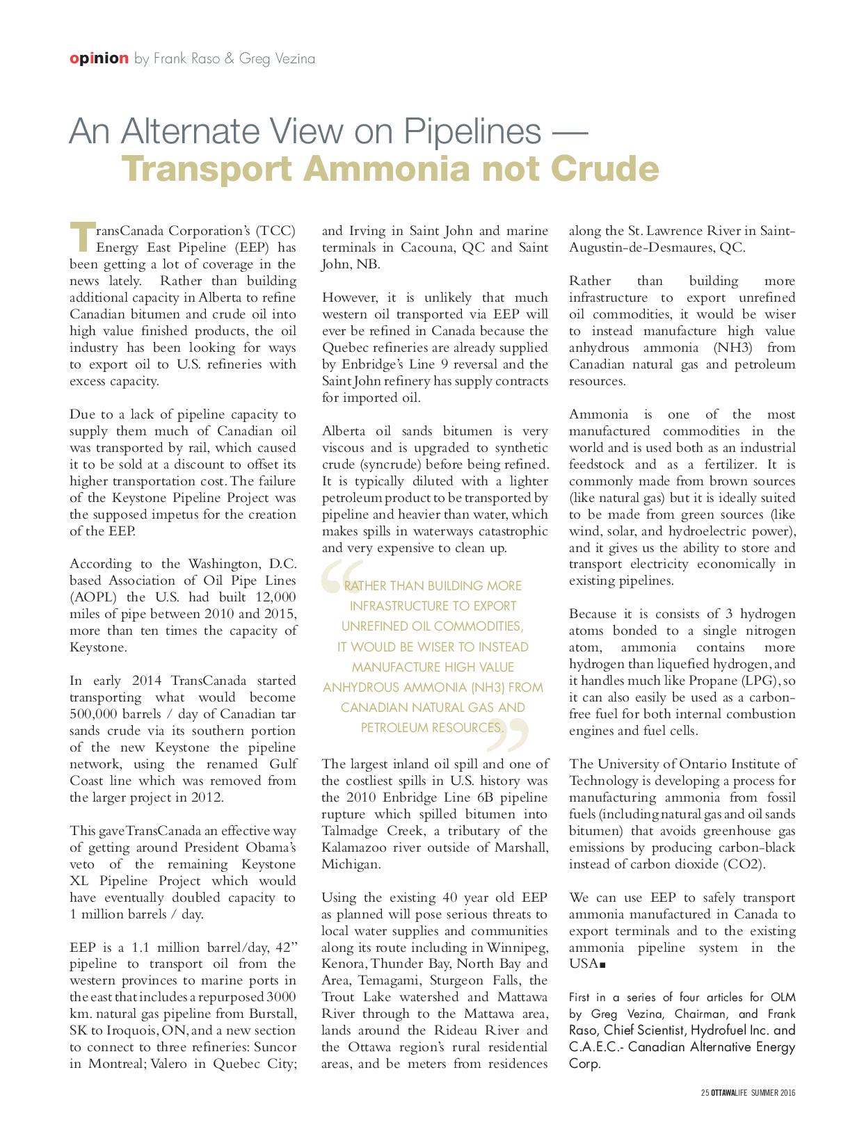 Ottawa Life - Transport ammonia not crude